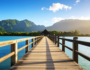 Tranquil perspective: Wooden pier stretches towards distant mountains seascape