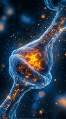 Detailed synapse in the human neural system. Colorful abstract depiction of neurons and connectivity, ideal for medical, scientific, and educational visuals.