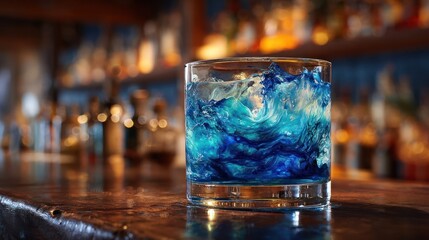 A close-up of a vibrant blue cocktail in a rocks glass, sits on a dark wood bar top with a blurred bar background.  The drink appears to have a swirling, wave-like pattern