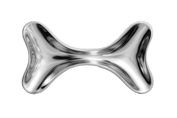 Abstract, stylized, metallic object resembling a pair of connected, organic shapes.  A mirrored surface shows highlights and reflections