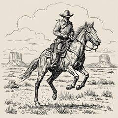 Fototapeta premium Western cowboy sketch riding horse in desert