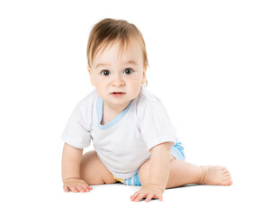 Cute Baby Sitting in White Shirt on Transparent Background