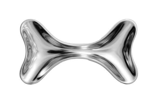 Abstract, stylized, metallic object resembling a pair of connected, organic shapes.  A mirrored surface shows highlights and reflections