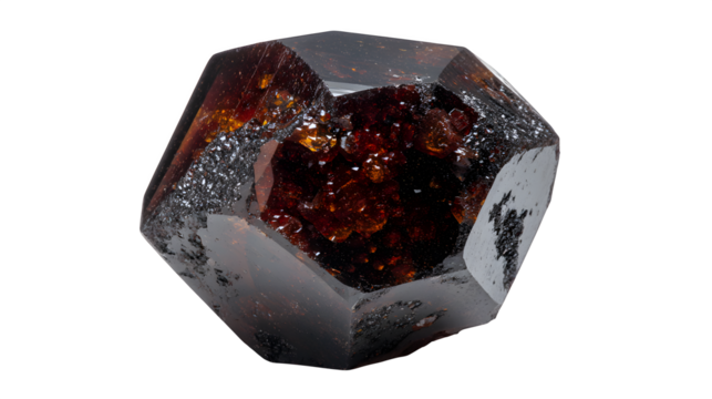 Raw Sphalerite crystal, dark brown to black resinous luster, natural dodecahedral form, isolated on Transparent background