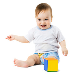 Smiling Baby Playing with Colorful Toy Block
