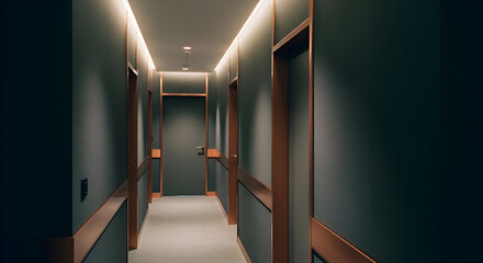 Modern Corridor Design A Sleek and Minimalist Interior Space with Warm Lighting and Wooden Accents