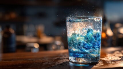 A glass of water sits on a wooden bar, with an artistic ocean-wave effect created within the liquid. The background is softly blurred, showing a dimly lit bar setting
