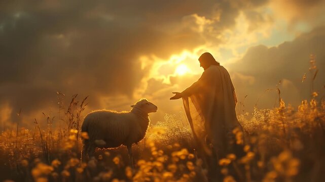 parents with a sheep in the park in the afternoon