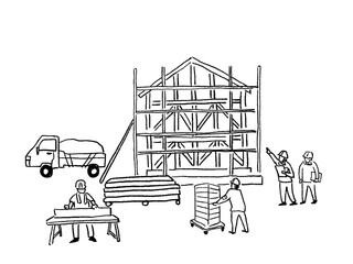 家を建てる、大工、ハウスメーカー、建築士、線画