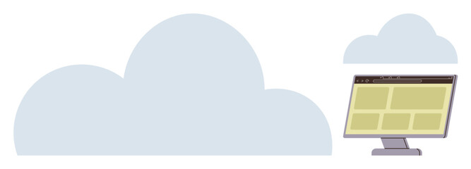 Browser window displayed beside large data clouds, visualizing internet services, storage, and connectivity. Ideal for technology, web hosting, remote work, online data, IT services cloud storage