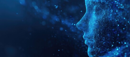 Abstract profile of a digital face, rendered in blue particles against a dark background with bokeh effects