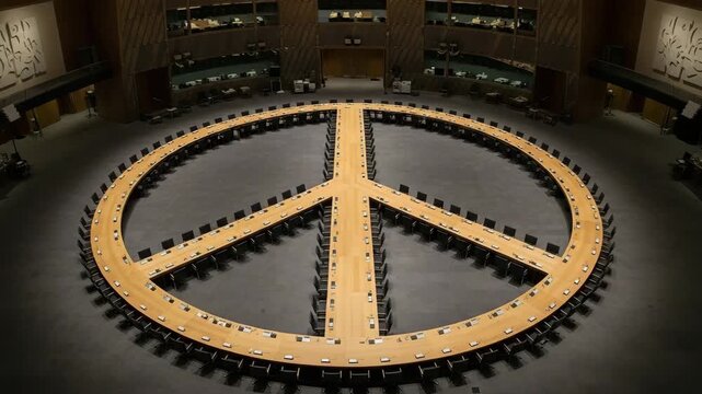 Large round table arranged in a peace symbol at a conference hall for dialogue on international cooperation and conflict resolution
