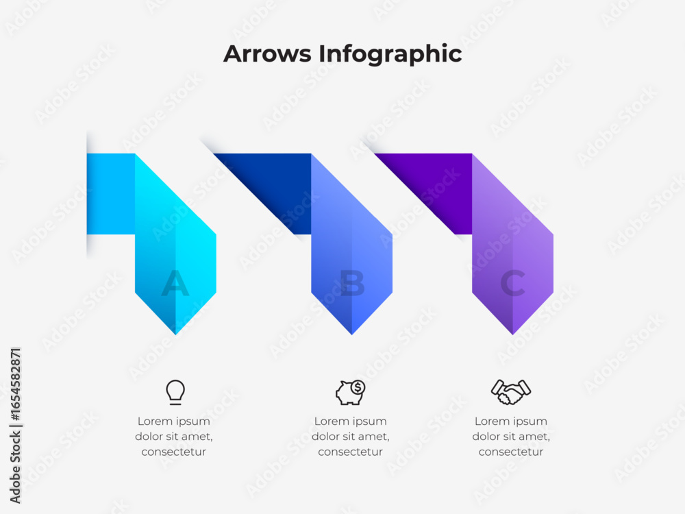 Poster business infographic featuring three overlapping arrows in distinct colors with icons and placeholde