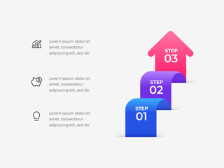 Fototapeta na wymiar Modern infographic layout featuring a step-by-step layout with stair like shapes, accompanied by business-related icons and descriptions, ideal for illustrating progress, stages, or processes