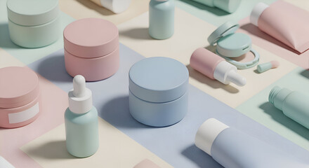 Aesthetic flat lay of various pastel skincare product containers. Mockup concept for beauty branding and self-care routine.