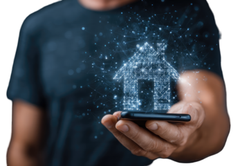 Person holds phone, digital house icon