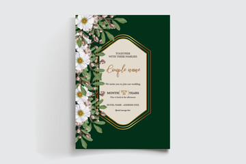 WEDDING INVITATION FRAME WITH FLOWER DECORATIONS AND FRESH LEAVES