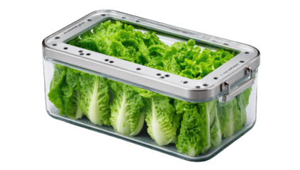 Clear plastic container holding fresh green lettuce