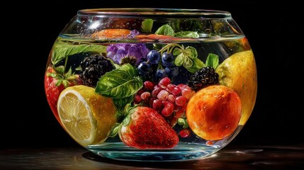 A hyperrealistic painting of a glass bowl filled with water,