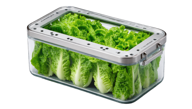 Clear plastic container holding fresh green lettuce