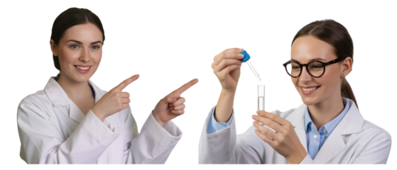 Two women in lab coats one pointing left the other holding a isolated on white transparent background png jpg business people clipping path cutout 2025 2026 4k full hd poster banner label download