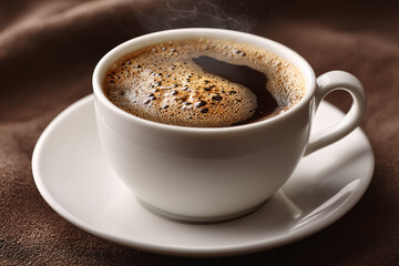 Close up of steaming black coffee in a white cup on brown background