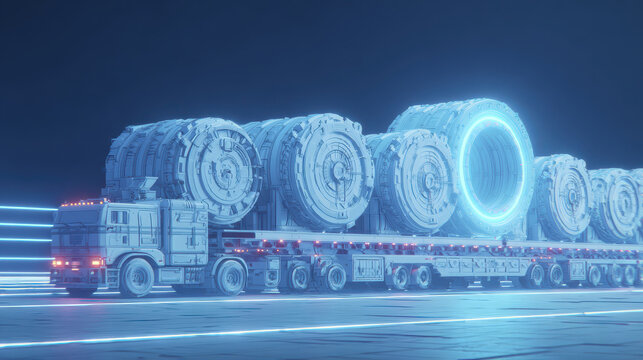Futuristic truck transports massive biofuel reactors glowing in neon light