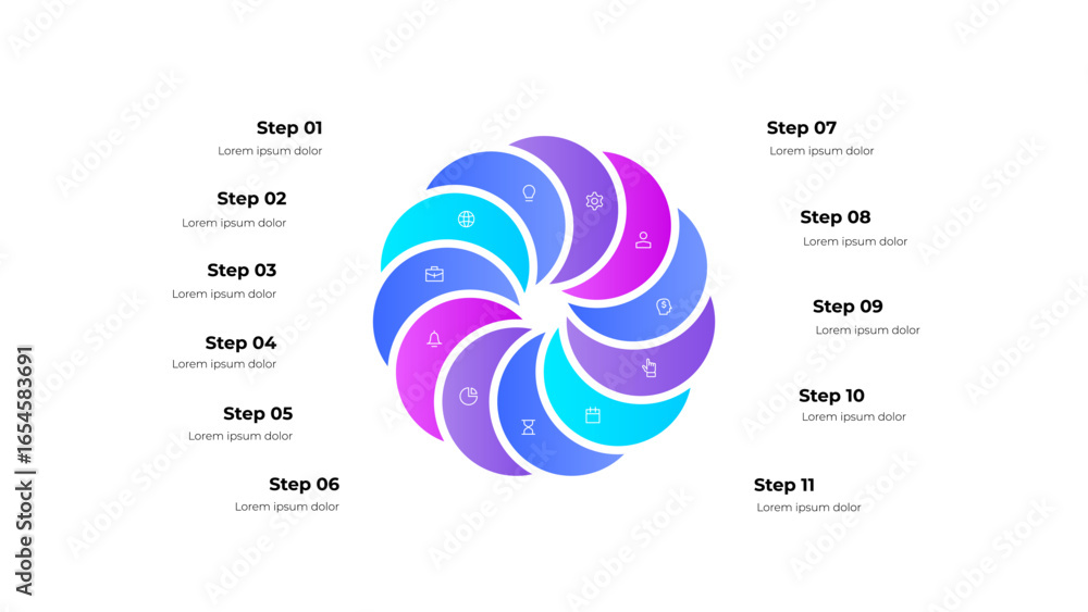 Poster circular pie chart infographic with eleven business process steps and symbols. ideal for business pr