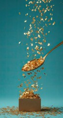Gold confetti spilling from a spoon into a box