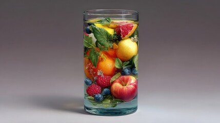 Refreshing tall glass filled with fruit and water; healthy, clear, and vibrant