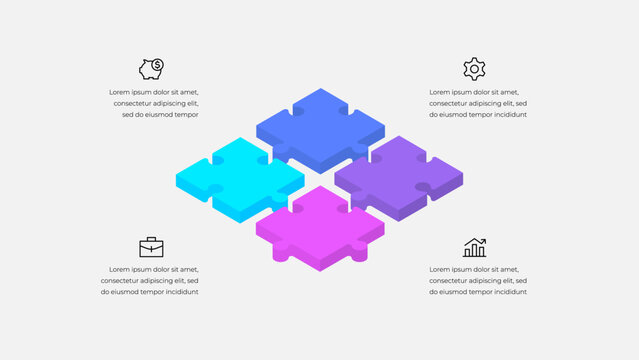 Isometric illustration of four interconnected puzzle pieces symbolizing teamwork, strategy, and solutions, emphasizing essential elements of business collaboration for presentations and concepts