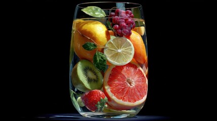 Tall glass filled with a medley of assorted vibrant fruits in water, against a black backdrop
