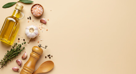 Minimalist flat lay of cooking essentials on pastel beige background. Olive oil bottle, pink Himalayan salt, black pepper grinder, thyme sprigs, garlic cloves, and wooden spoon placed on one side, lea