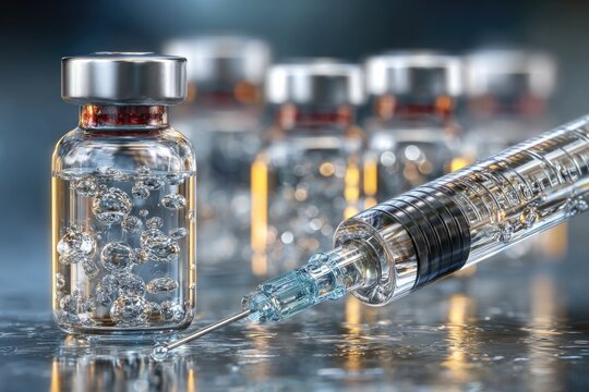 Vials filled with shimmering liquid, syringe ready for precise a