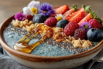 and keyword list based on the image, following your specifications

 Blue smoothie bowl served with berries, honey, and flowers, on wooden table