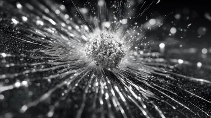 Obraz premium shows radial cracks emanating from a central point of impact