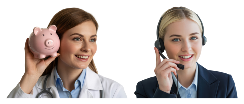 Woman doctor holding pink piggy bank smiling next to woman with isolated on white transparent background png jpg business people clipping path cutout 2025 2026 4k full hd poster banner label download - Powered by Adobe