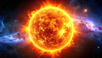 Obraz premium A fiery celestial sphere dominates the cosmos, surrounded by vibrant nebulae and stars.