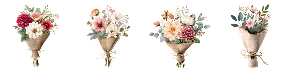 Obraz premium Watercolor Flower Bouquets Wrapped in Burlap, Rustic Style. Set of Floral Arrangements Isolated on White