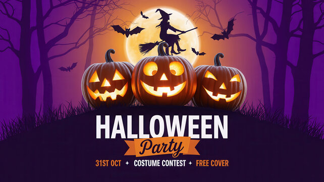 Spooky Halloween party invitation with glowing jack-o'-lanterns, flying bats, and a witch silhouetted against a full moon, perfect for festive event promotion.