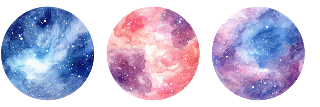 Three watercolor-style celestial spheres