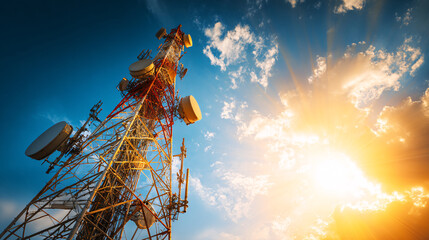 Cell Tower against a Blue Sky with Clouds and Bright Sunlight