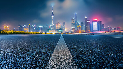Asphalt road and city skyline with modern building at night in Suzhou, China