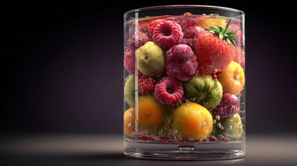 A glass filled with frozen berries and small fruits, submerged in a clear liquid with visible bubbles, sits on a dark surface against a blurred background