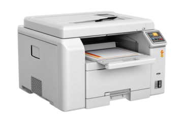  Office printer with paper tray on a white background
