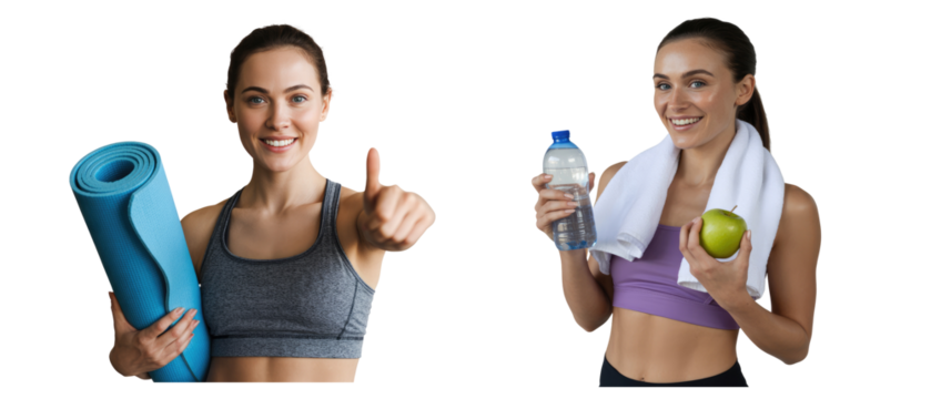 Woman holding yoga mat and giving thumbs up and woman holding isolated on white transparent background png jpg business people clipping path cutout 2025 2026 4k full hd poster banner label download