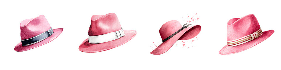 Watercolor Set of Pink Fedora Hats on White