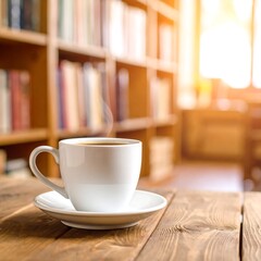 Obraz premium Warm coffee, library setting