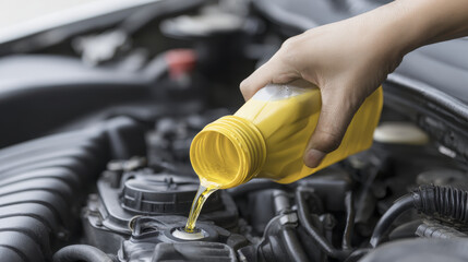 Pouring biofuel into car engine highlights sustainable energy solutions for vehicles