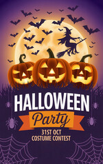 Spooky Halloween night with glowing jack-o'-lanterns, a witch flying by, and bats against a full moon, perfect for party invitations and festive decor